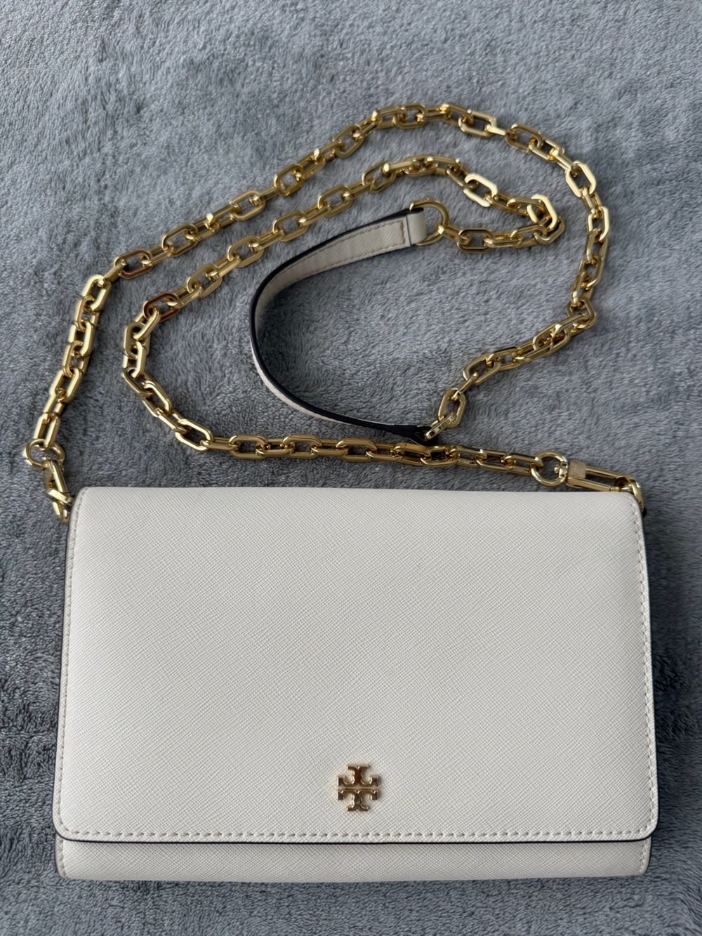 Tory Burch Robinson Saffiano Leather Chain Wallet Crossbody Cream Gold